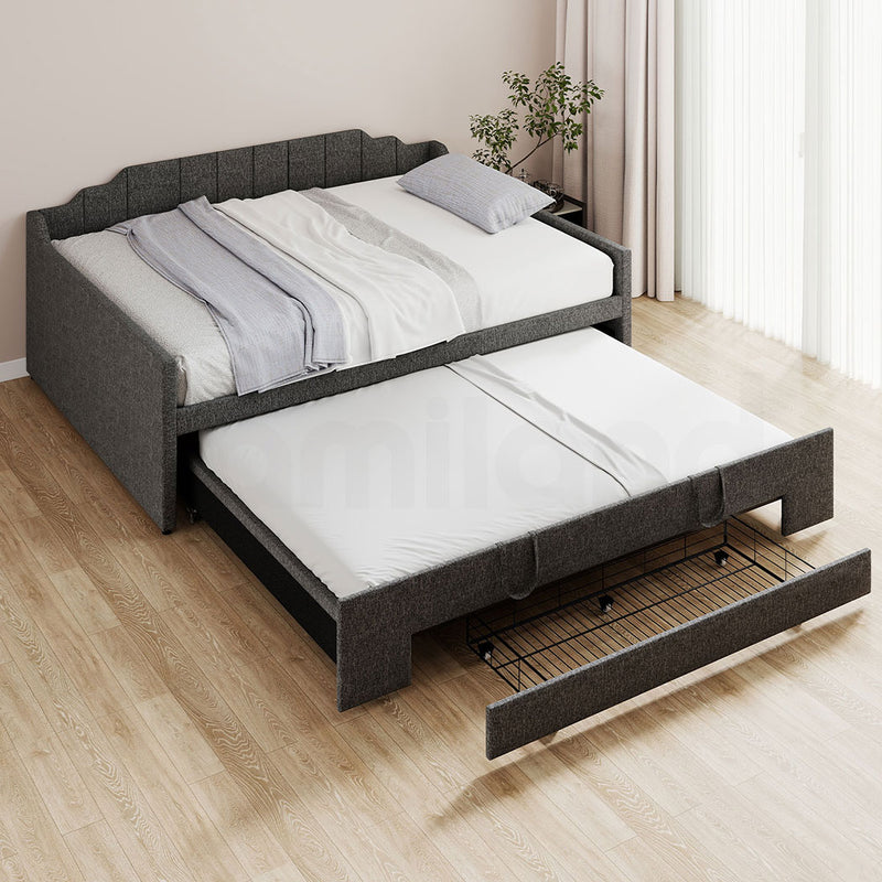 Familand Queen Size Daybed with Trundle Bed & Storage Drawer in Grey