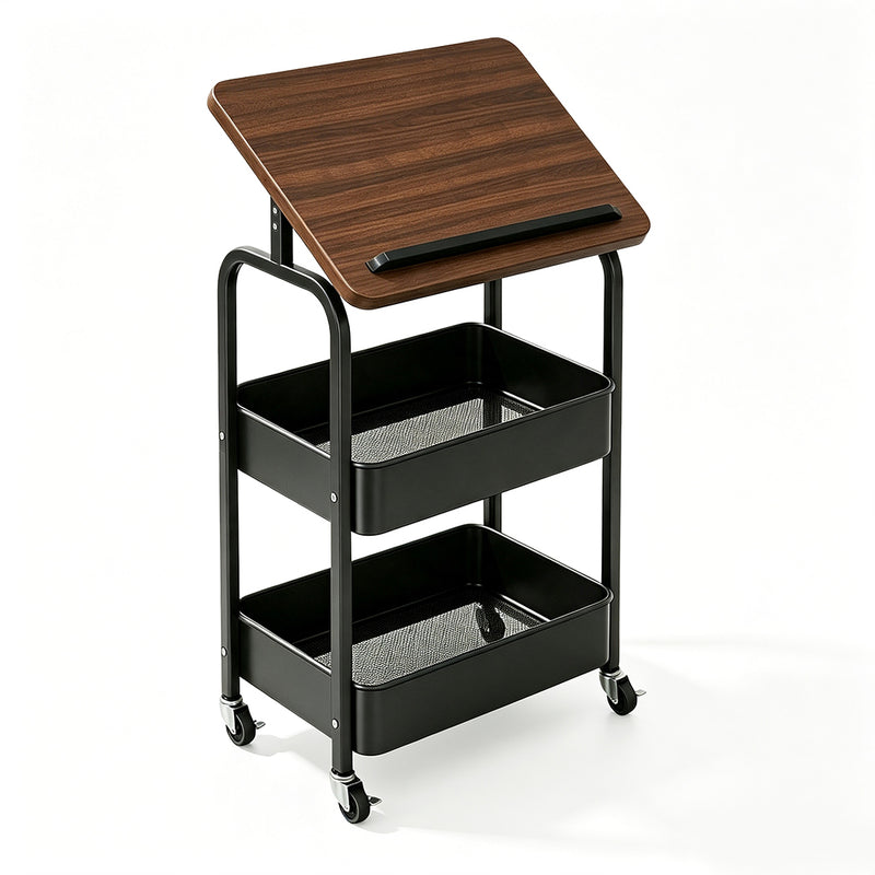 Familand 2-tier Storage Trolley with Reversible Tabletop Kitchen Rolling Cart Steel Frame Black