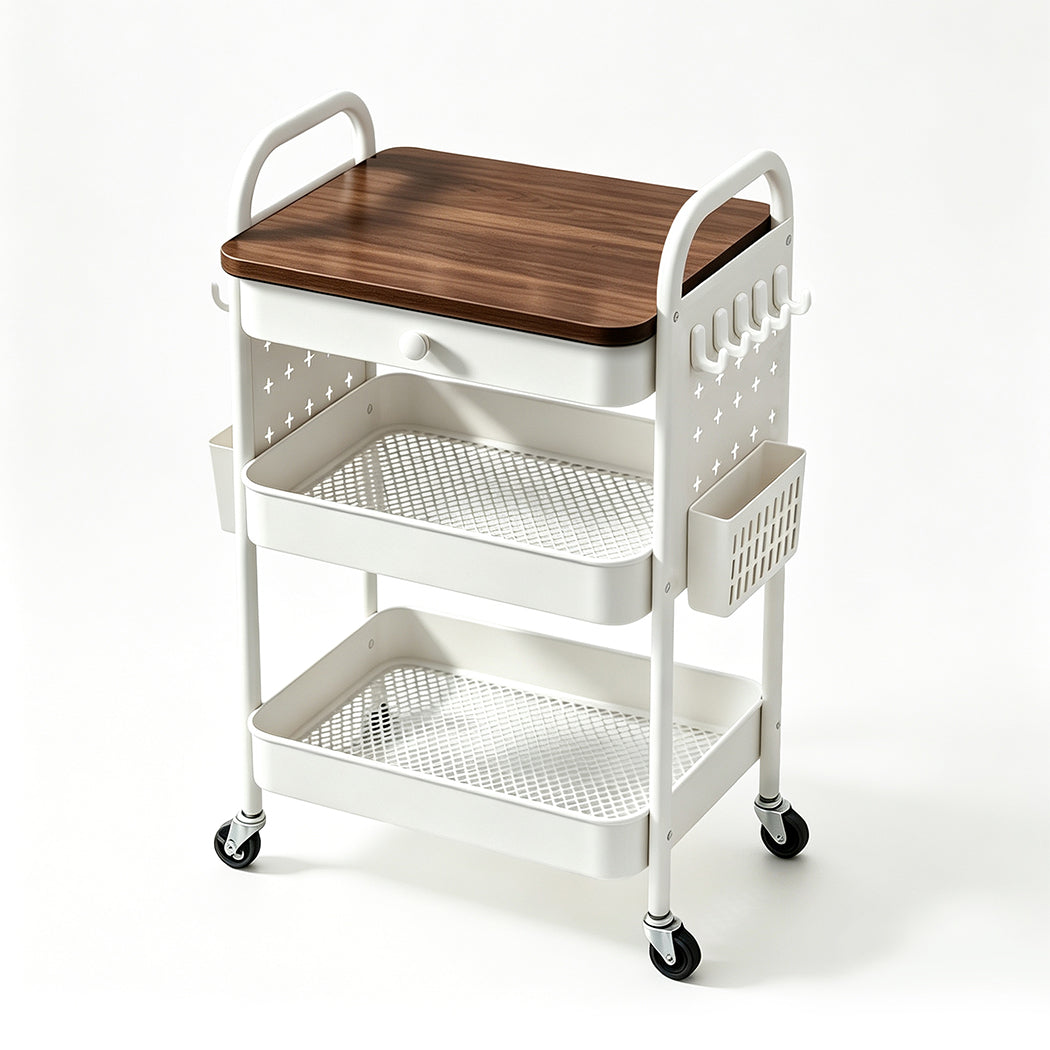 Familand 2-tier Storage Trolley Kitchen Rolling Cart Steel Frame White