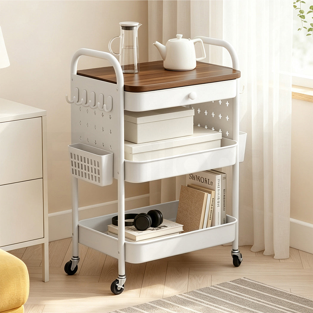 Familand 2-tier Storage Trolley Kitchen Rolling Cart Steel Frame White