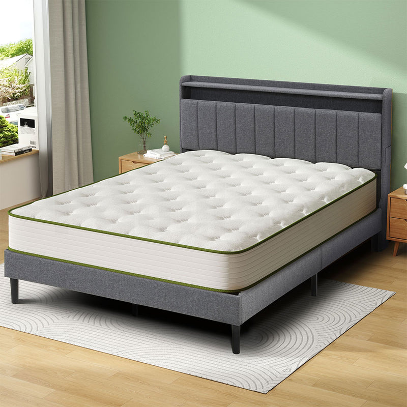 Familand LED Queen Size Bed Frame With Storage Headboard in Grey
