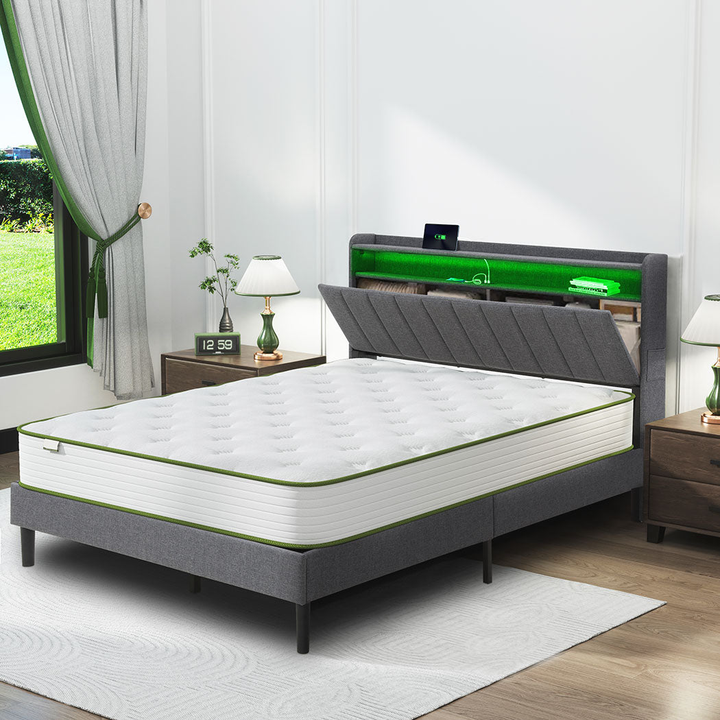 Familand LED Queen Size Bed Frame With Storage Headboard in Grey