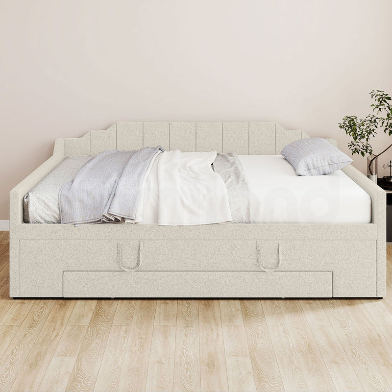Familand Queen Size Daybed with Trundle Bed & Storage Drawer in Cream
