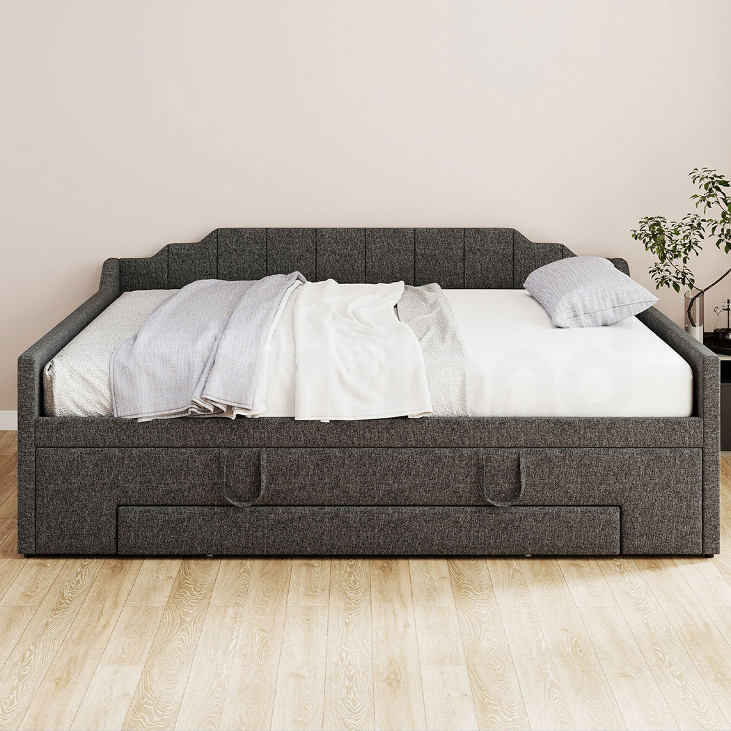Familand Queen Size Daybed with Trundle Bed & Storage Drawer in Grey
