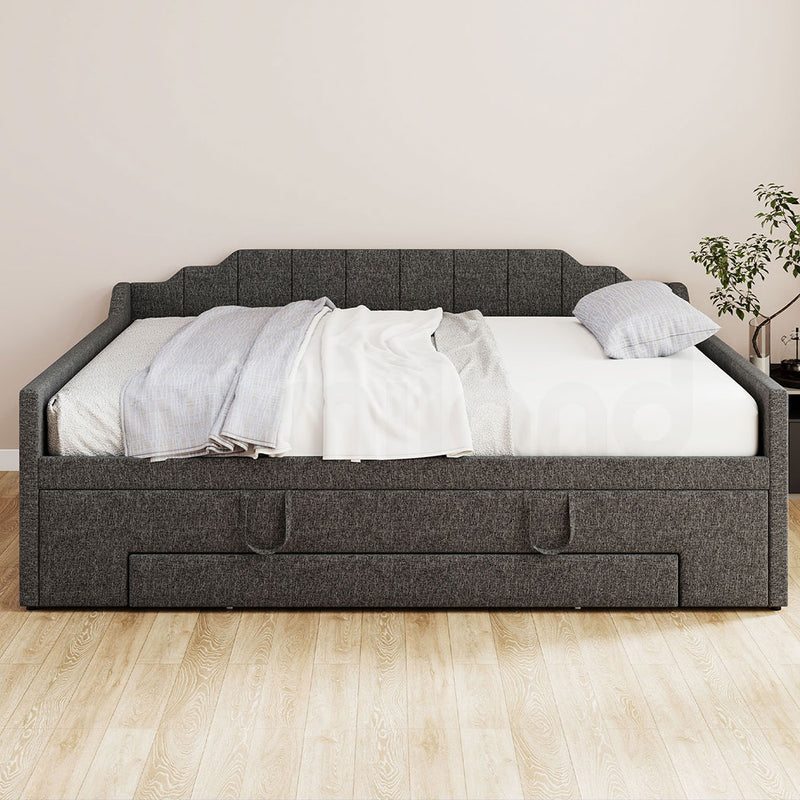 Familand Queen Size Daybed with Trundle Bed & Storage Drawer in Grey