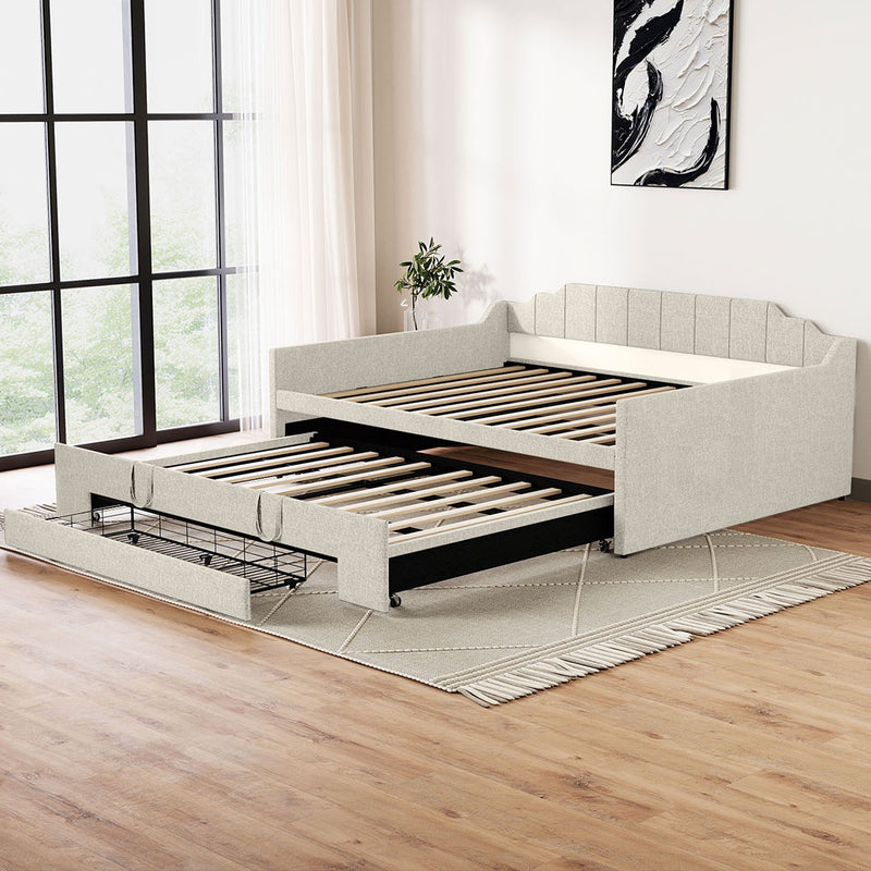 Familand Queen Size Daybed with Trundle Bed & Storage Drawer in Cream
