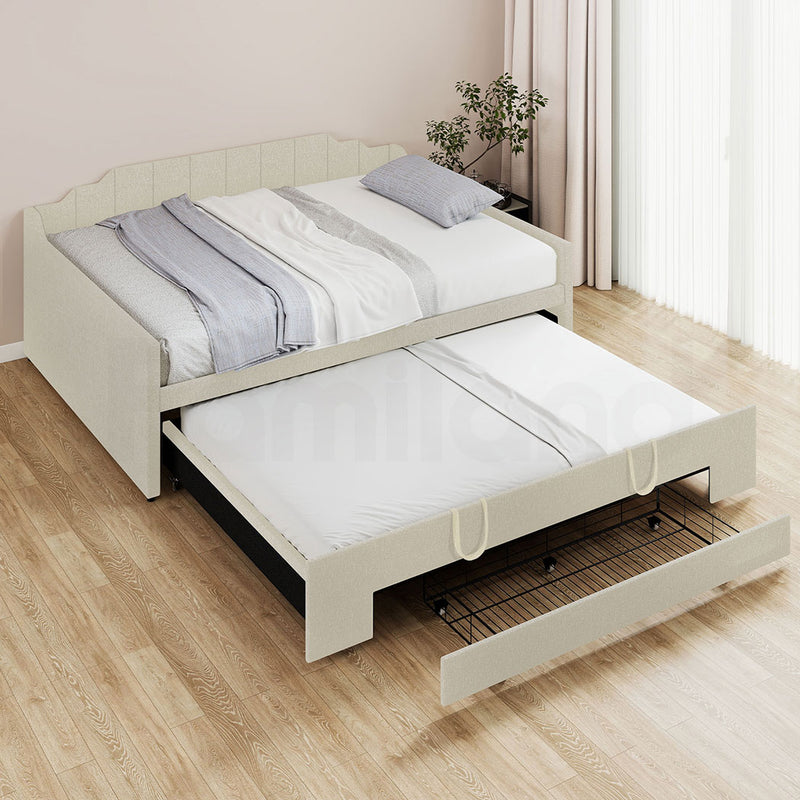 Familand Queen Size Daybed with Trundle Bed & Storage Drawer in Cream