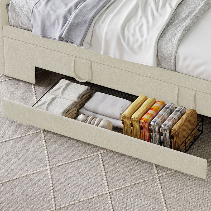 Familand Queen Size Daybed with Trundle Bed & Storage Drawer in Cream