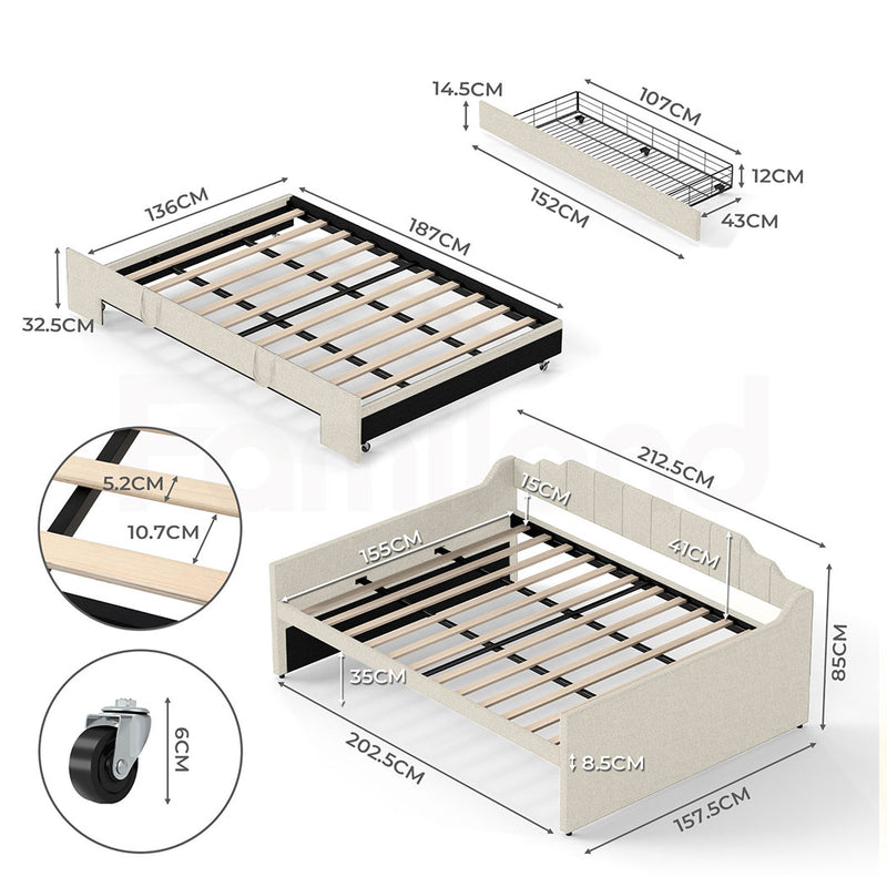 Familand Queen Size Daybed with Trundle Bed & Storage Drawer in Cream