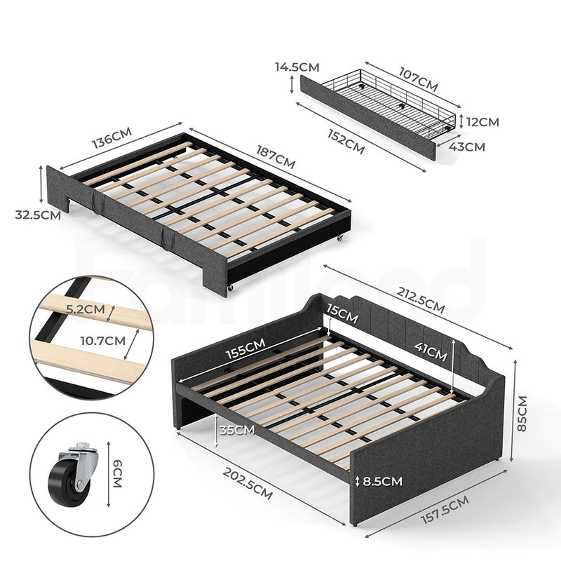 Familand Queen Size Daybed with Trundle Bed & Storage Drawer in Grey