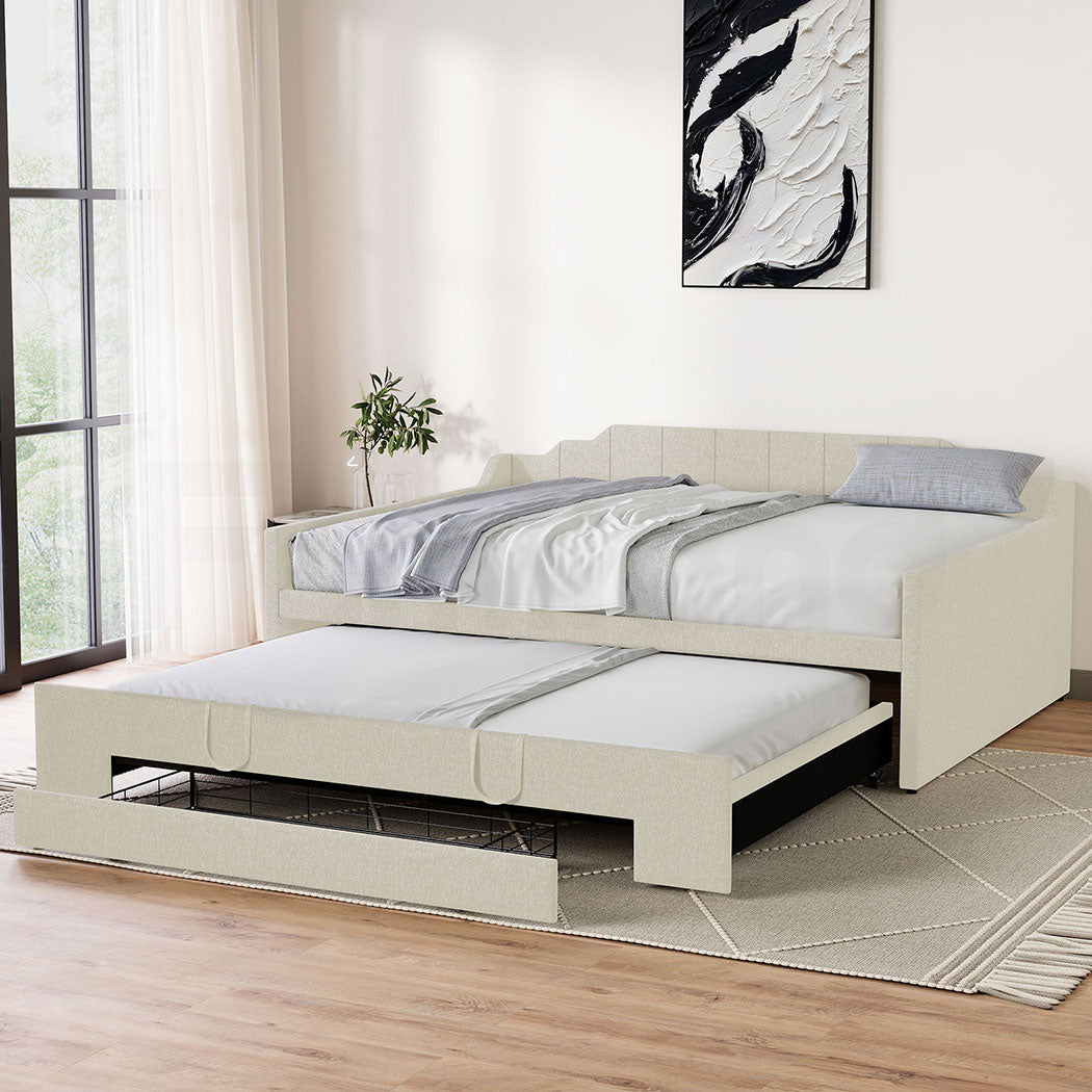 Familand Queen Size Daybed with Trundle Bed & Storage Drawer in Cream