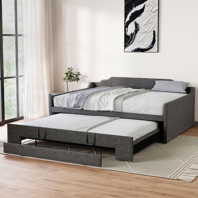 Familand Queen Size Daybed with Trundle Bed & Storage Drawer in Grey