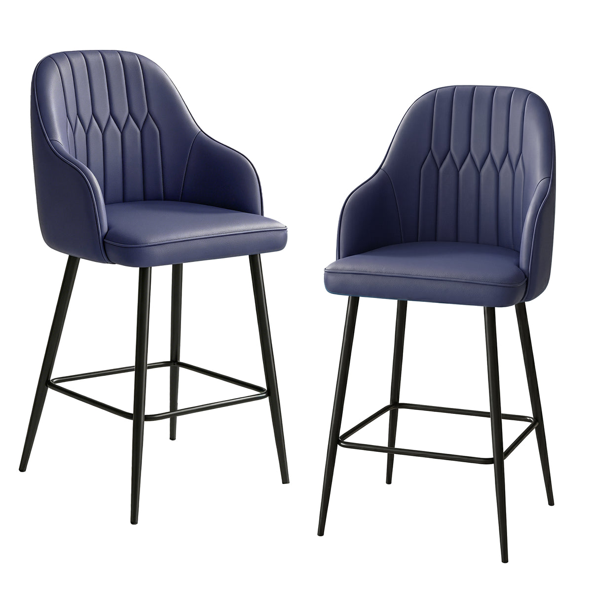 Familand Faux Leather Bar Stools Set of 2 in Navy with Backrest & Footrest