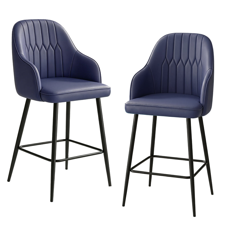 Familand Faux Leather Bar Stools Set of 2 in Navy with Backrest & Footrest