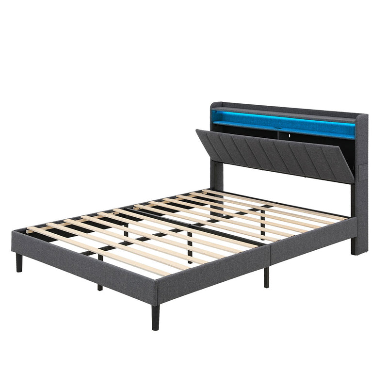 Familand LED Queen Size Bed Frame With Storage Headboard in Grey