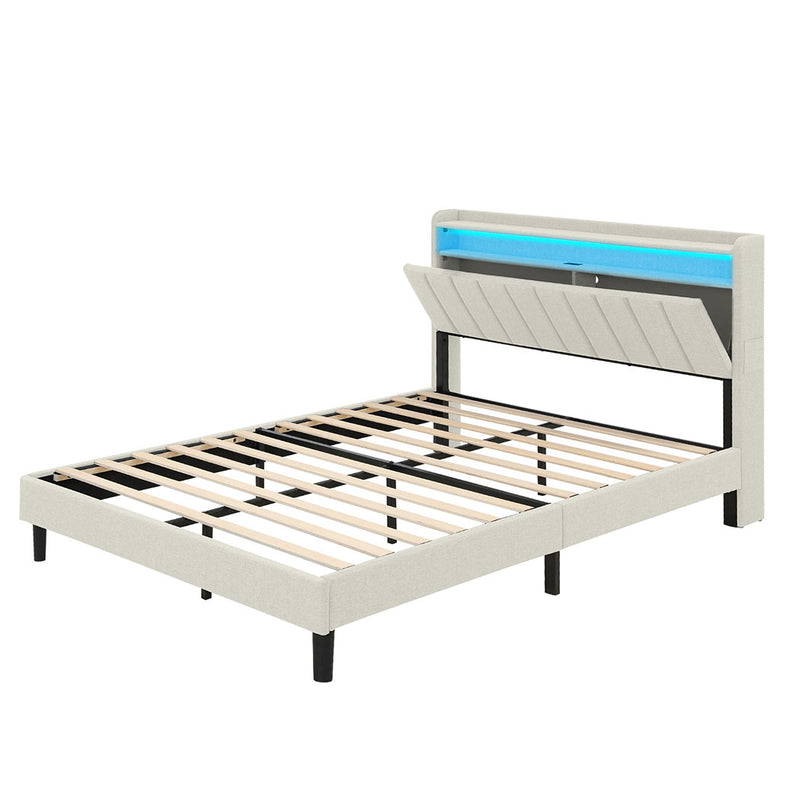 Familand LED Queen Size Bed Frame With Storage Headboard in Cream