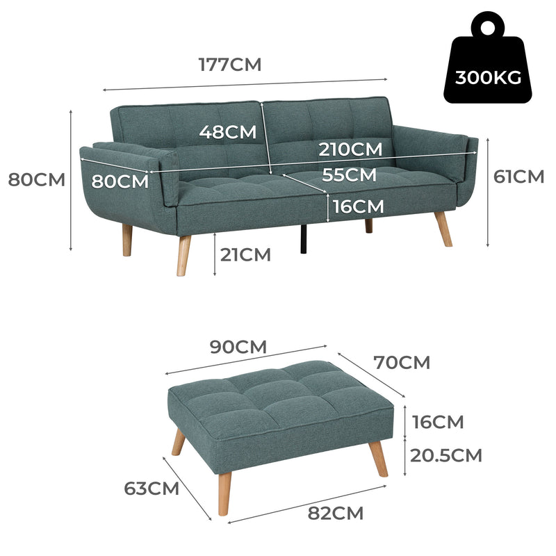 Familand 3 Seater Convertible Futon Sofa Bed with Ottoman in Green