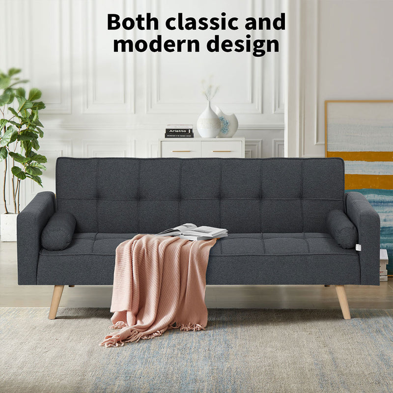 Familand 3 Seater Convertible Futon Sofa Bed, Linen Loveseat Sofa,Grey