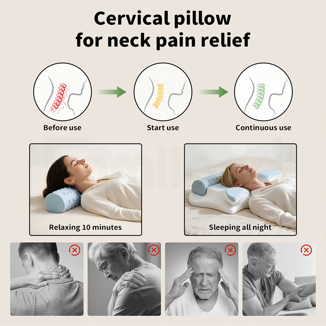 Familand Memory Foam Cervical Neck Pillow in Blue & White