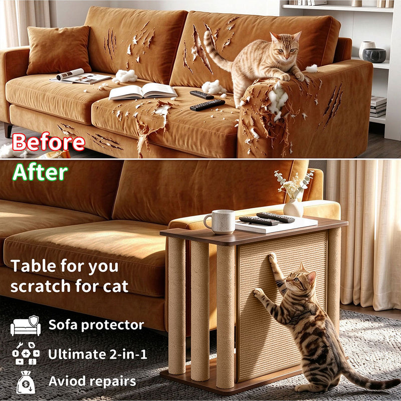 Familand Sofa Side Table with Cat Scratching Post in Left Side