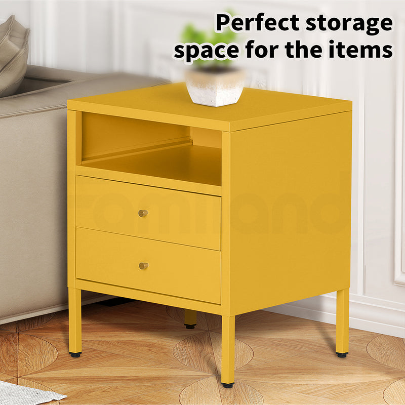 Familand Steel End Side Table Night Stand Bedside Tables with 2x Storage Drawers in Yellow