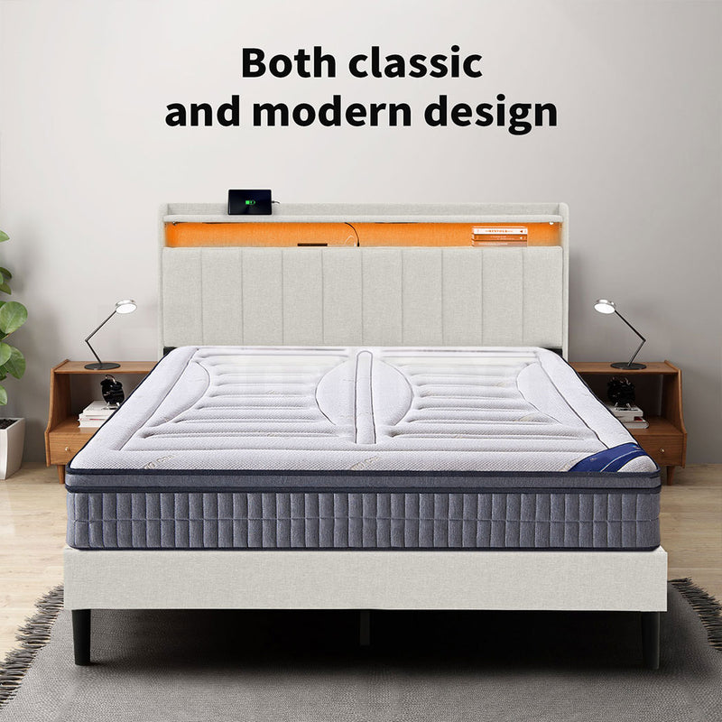 Familand LED Queen Size Bed Frame With Storage Headboard in Cream