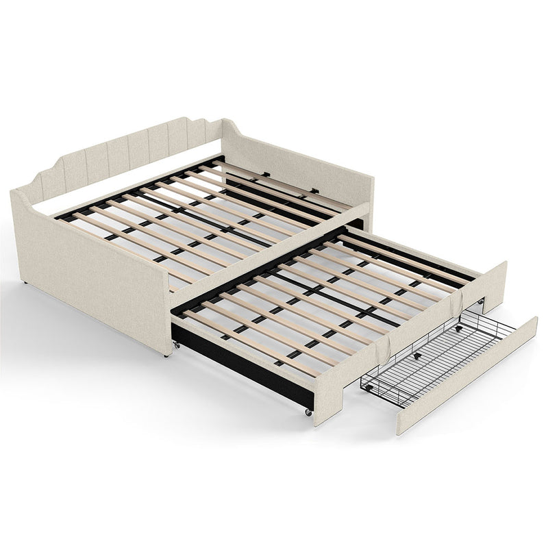 Familand Queen Size Daybed with Trundle Bed & Storage Drawer in Cream