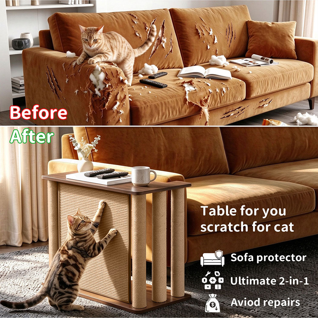 Familand Sofa Side Table with Cat Scratching Post in Right Side
