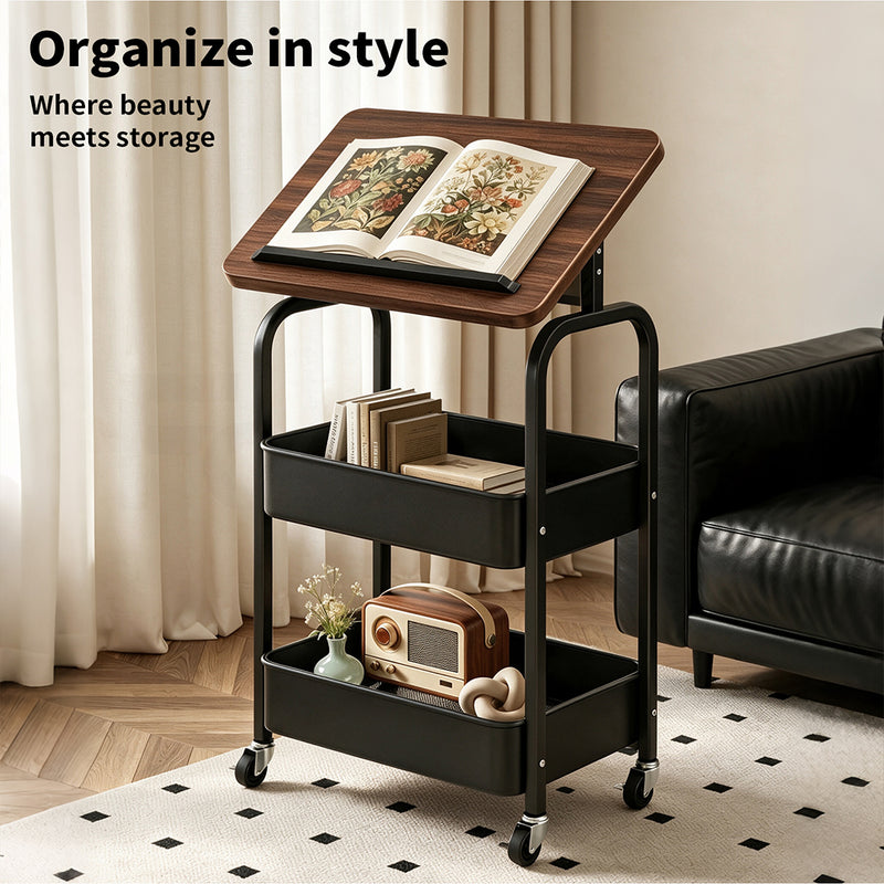 Familand 2-tier Storage Trolley with Reversible Tabletop Kitchen Rolling Cart Steel Frame Black