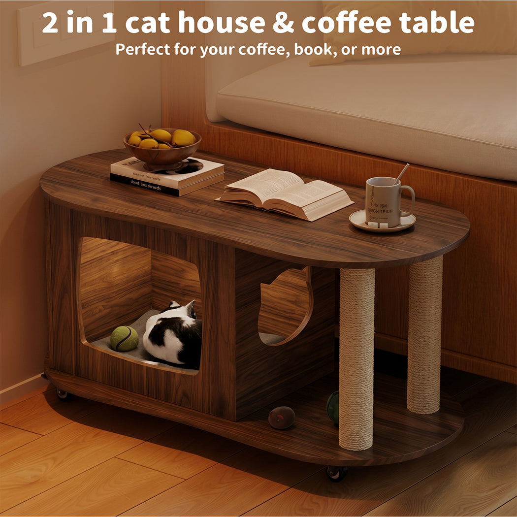 Familand Wood Coffee Table Side Tables For Living Room With Cat House & Cat Scratching Post