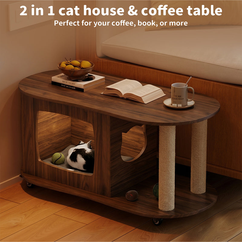 Familand Wood Coffee Table Side Tables For Living Room With Cat House & Cat Scratching Post