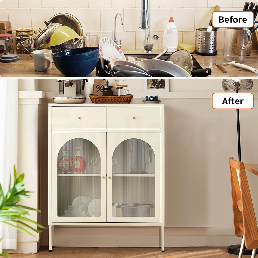 Familand Steel Buffet Sideboard with 2x Storage Drawers in Cream