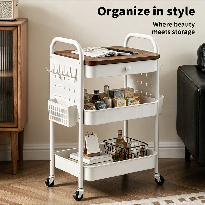 Familand 2-tier Storage Trolley Kitchen Rolling Cart Steel Frame White