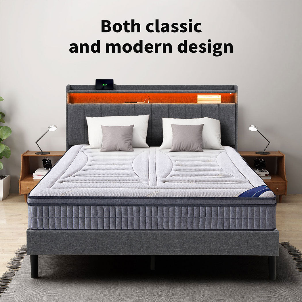 Familand LED Queen Size Bed Frame With Storage Headboard in Grey