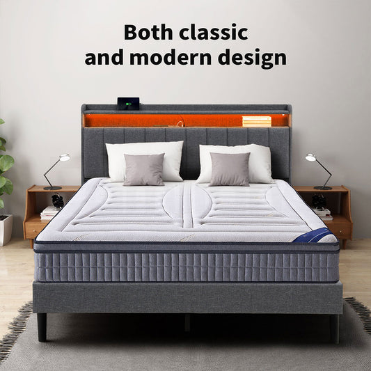 Familand LED Queen Size Bed Frame With Storage Headboard in Grey