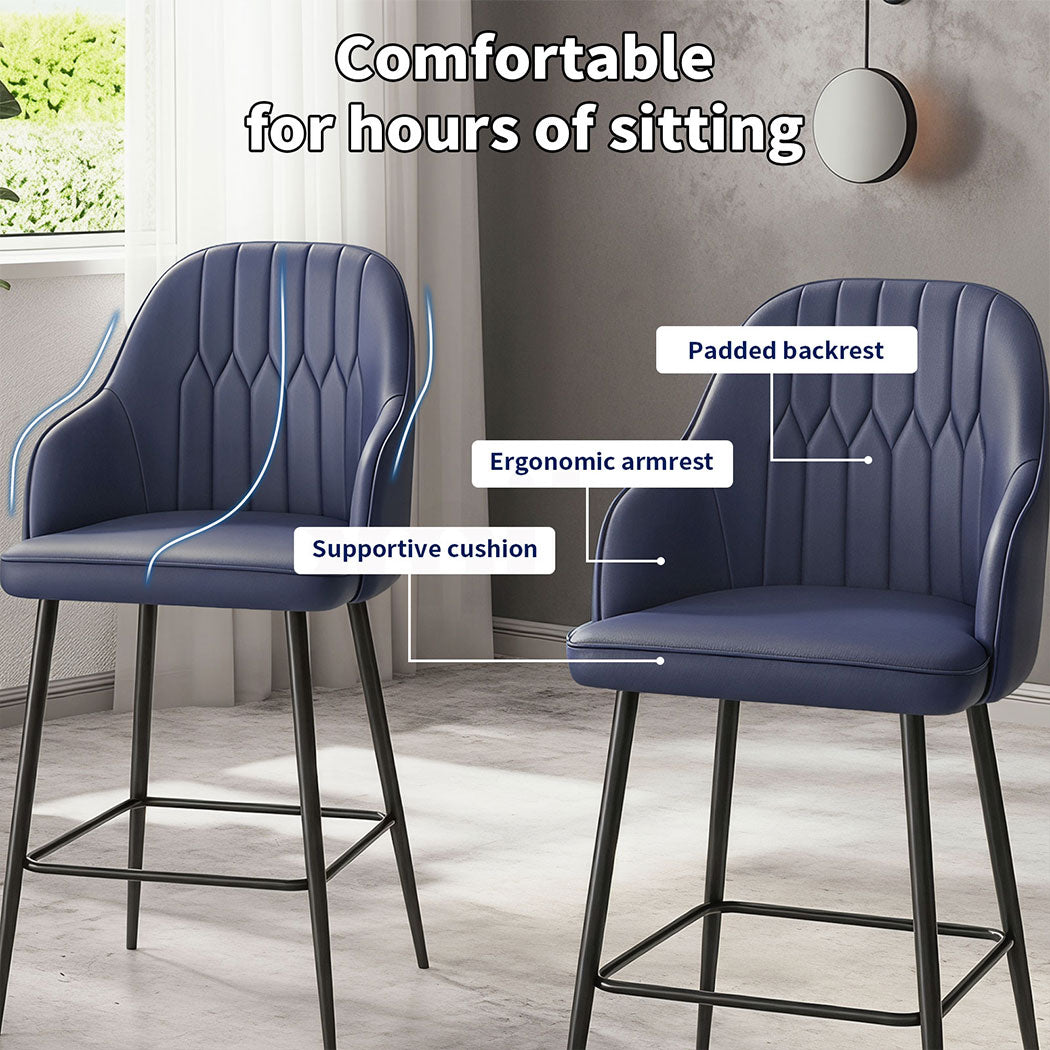 Familand Faux Leather Bar Stools Set of 2 in Navy with Backrest & Footrest
