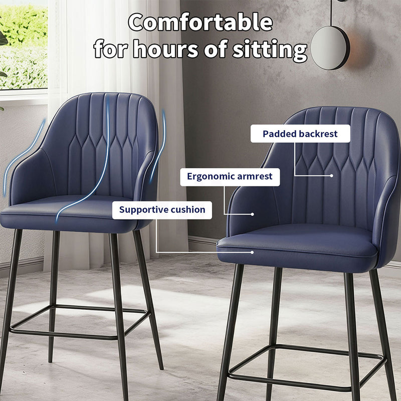 Familand Faux Leather Bar Stools Set of 2 in Navy with Backrest & Footrest