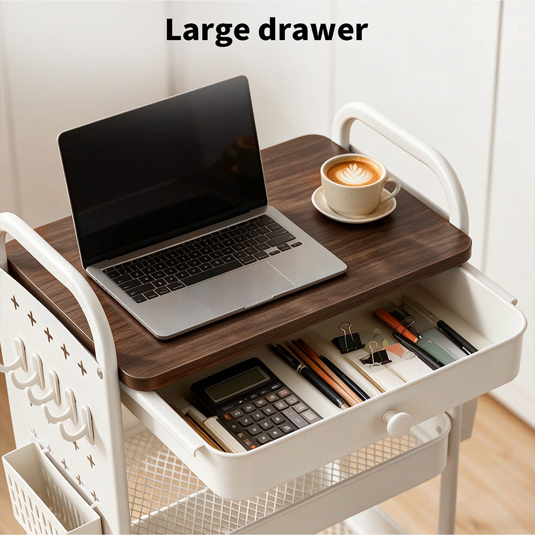 Familand 2-tier Storage Trolley Kitchen Rolling Cart Steel Frame White