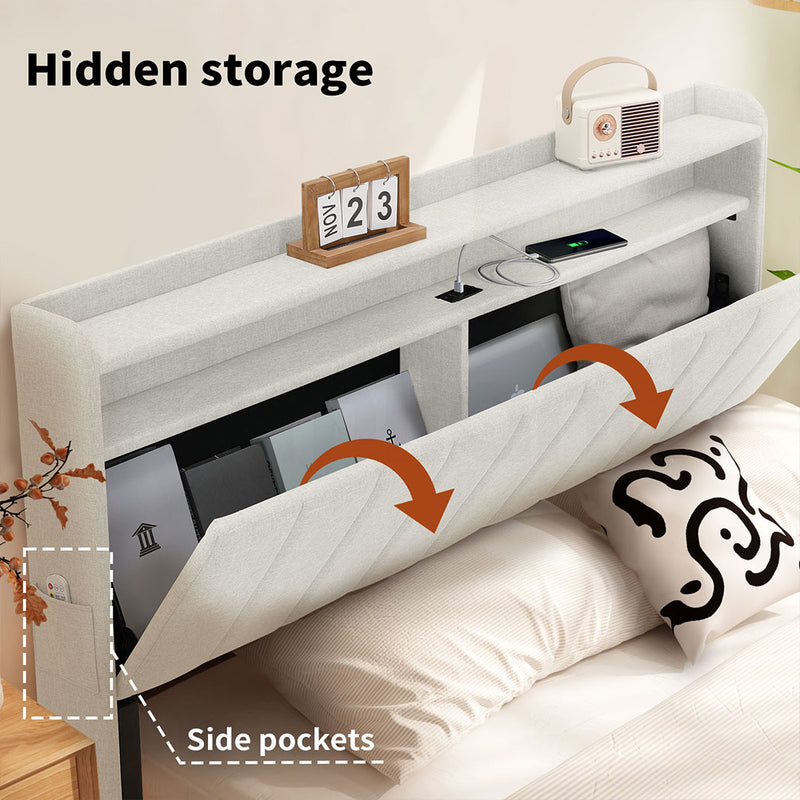 Familand LED Queen Size Bed Frame With Storage Headboard in Cream