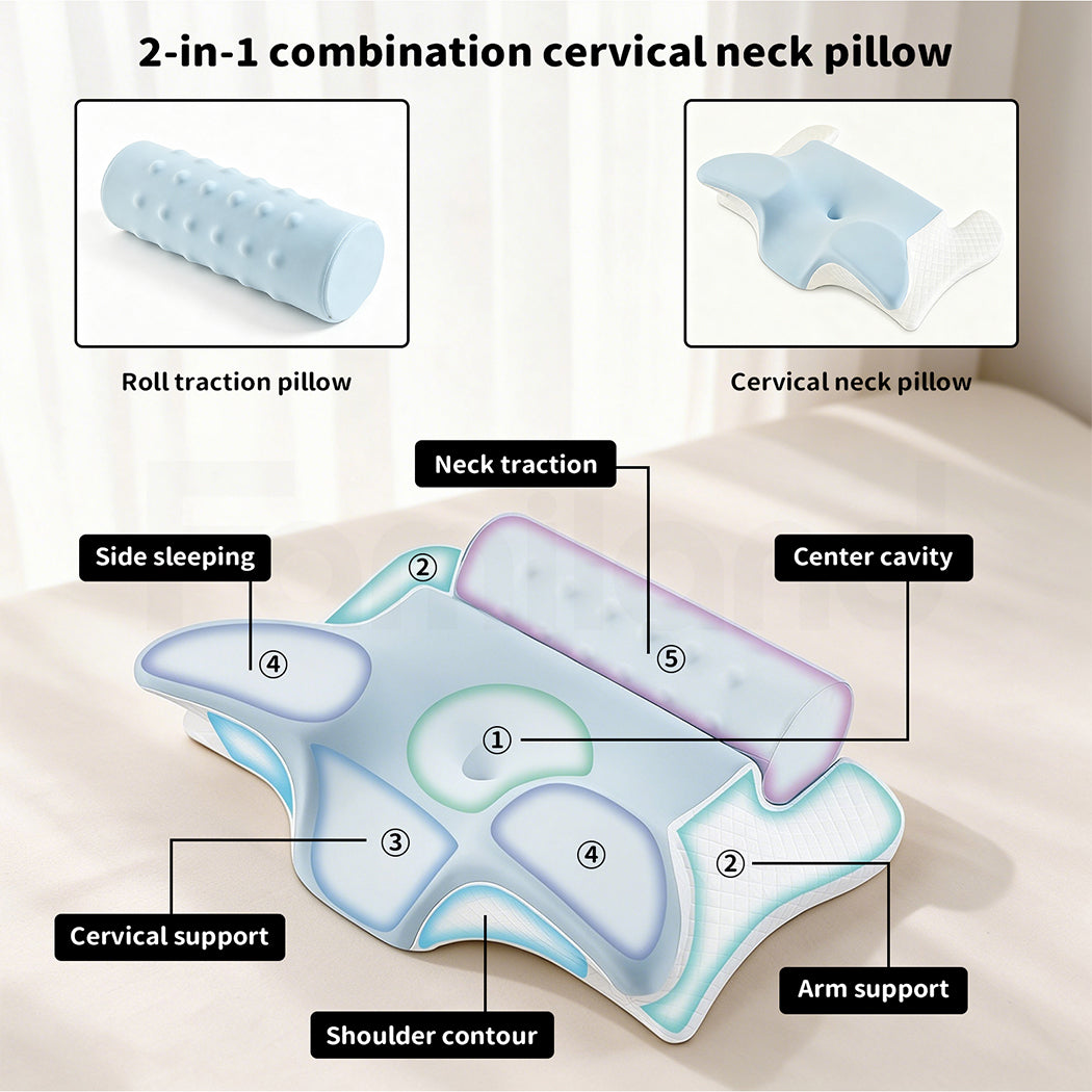 Familand Memory Foam Cervical Neck Pillow in Blue & White