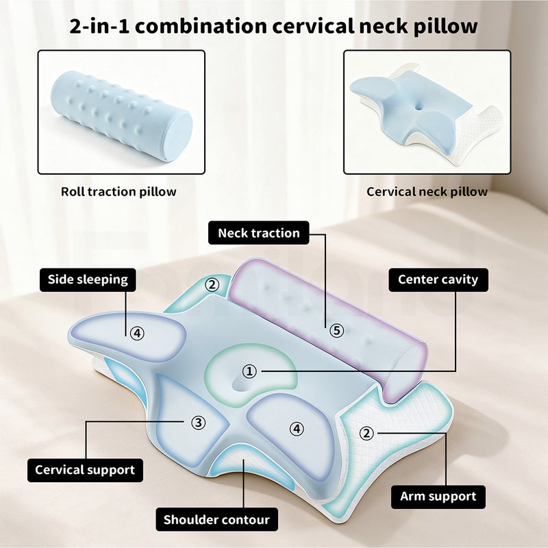 Familand Memory Foam Cervical Neck Pillow in Blue & White