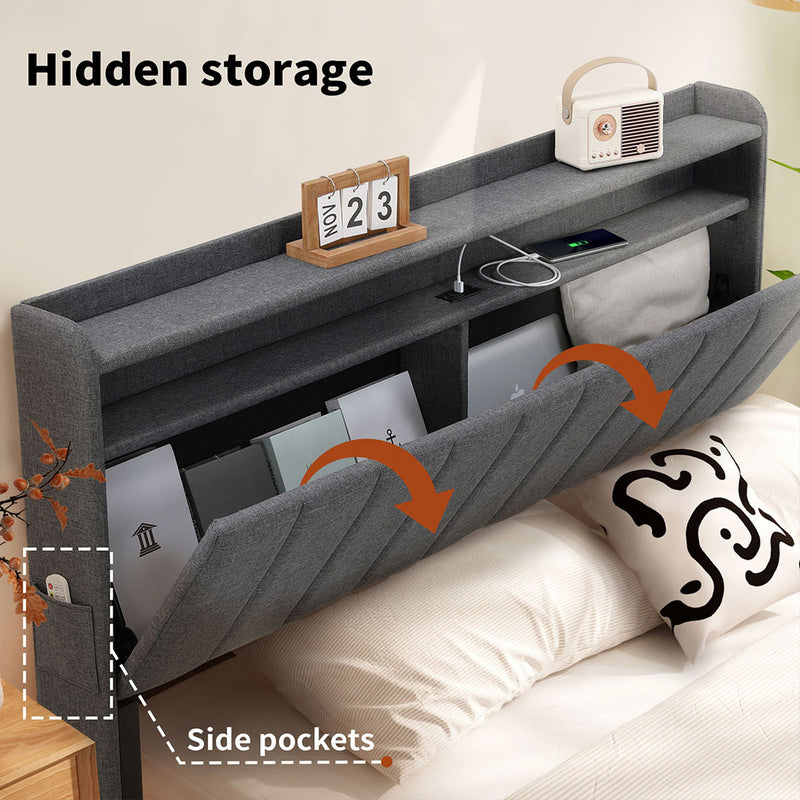Familand LED Queen Size Bed Frame With Storage Headboard in Grey