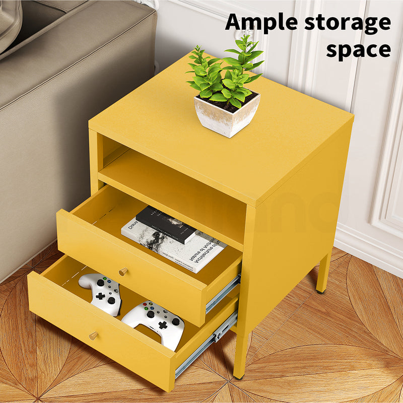 Familand Steel End Side Table Night Stand Bedside Tables with 2x Storage Drawers in Yellow