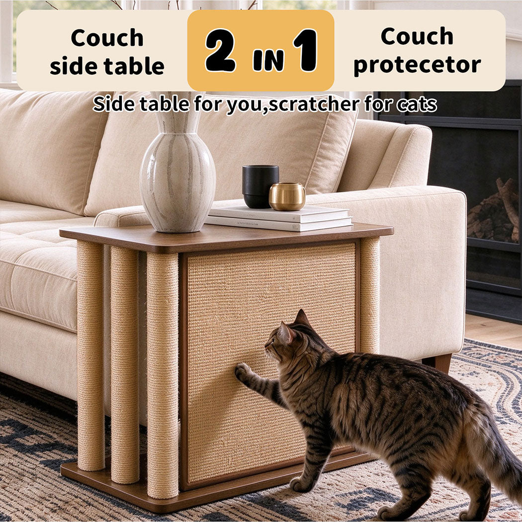 Familand Sofa Side Table with Cat Scratching Post in Left Side
