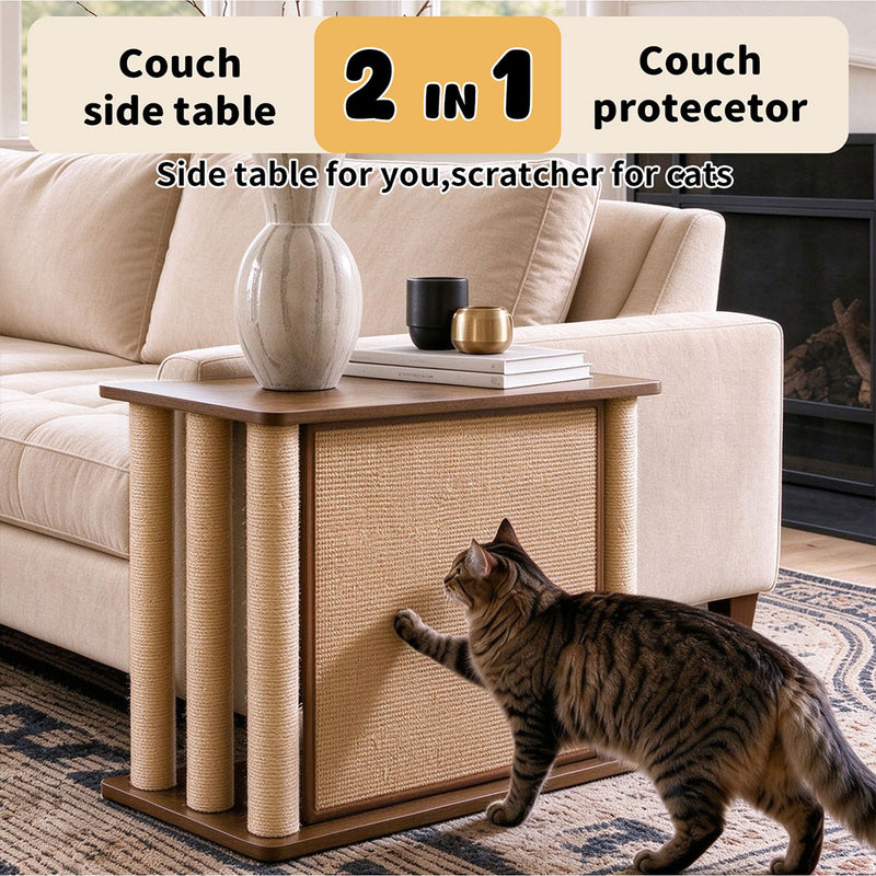 Familand Sofa Side Table with Cat Scratching Post in Left Side