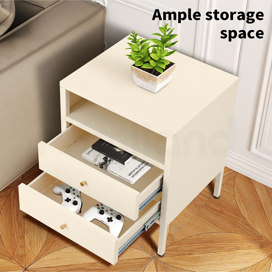 Familand Steel End Side Table Night Stand Bedside Tables with 2x Storage Drawers
