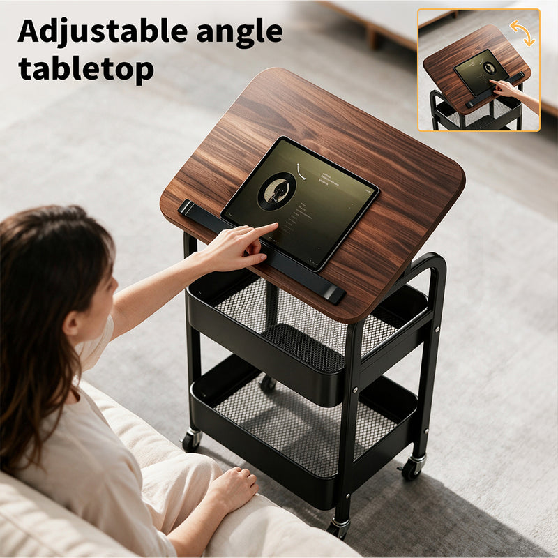 Familand 2-tier Storage Trolley with Reversible Tabletop Kitchen Rolling Cart Steel Frame Black