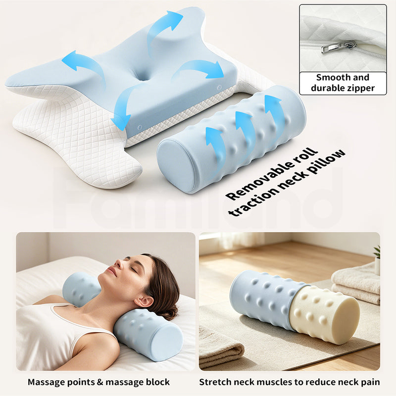 Familand Memory Foam Cervical Neck Pillow in Blue & White