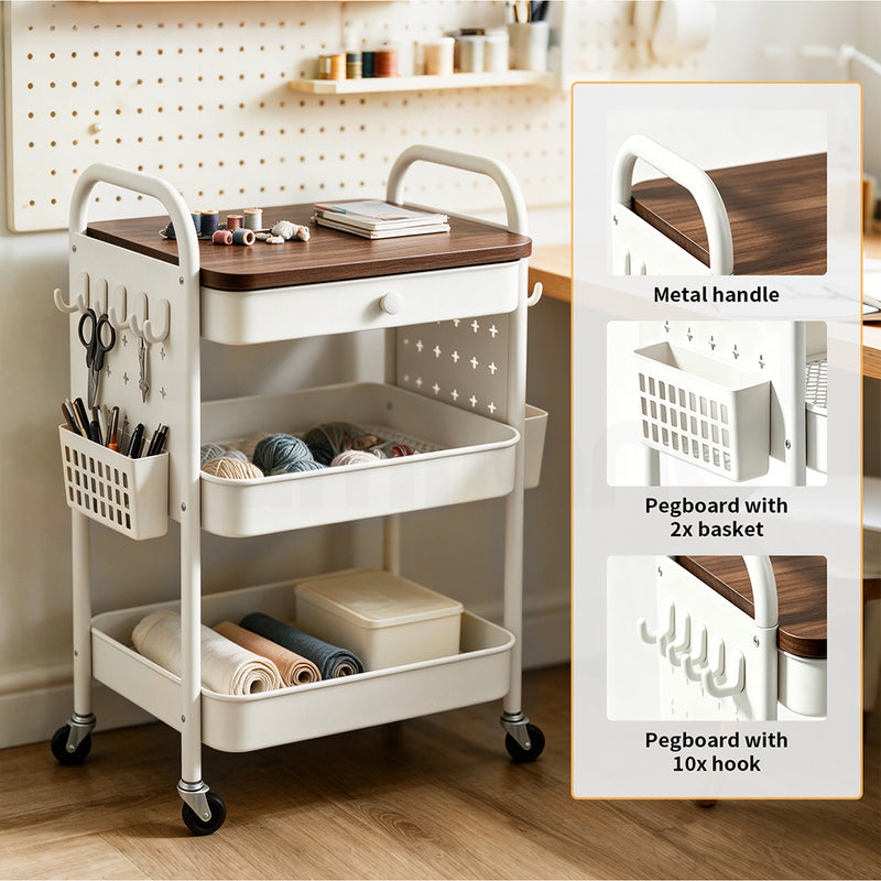 Familand 2-tier Storage Trolley Kitchen Rolling Cart Steel Frame White