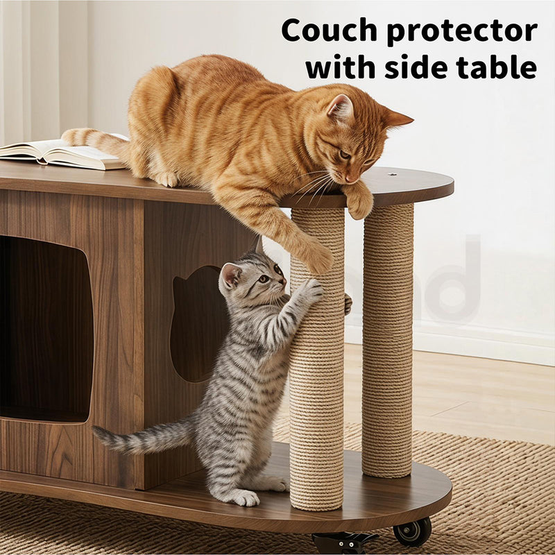 Familand Wood Coffee Table Side Tables For Living Room With Cat House & Cat Scratching Post